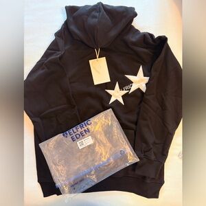 Aelfric Eden hoodie black sweatshirt with white stars on front & monogram. Small
